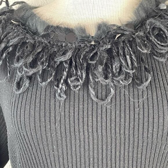 EUC Multiples Womens Black 3/4 Sleeve Top with Fringe and Sequins at Top Size M - Picture 2 of 6